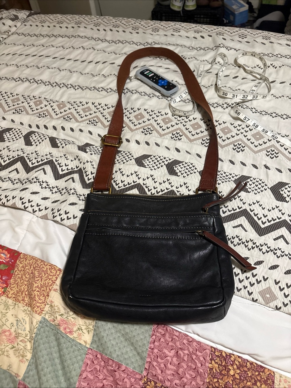 Fossil Black Leather Crossbody Bag with Brown Strap